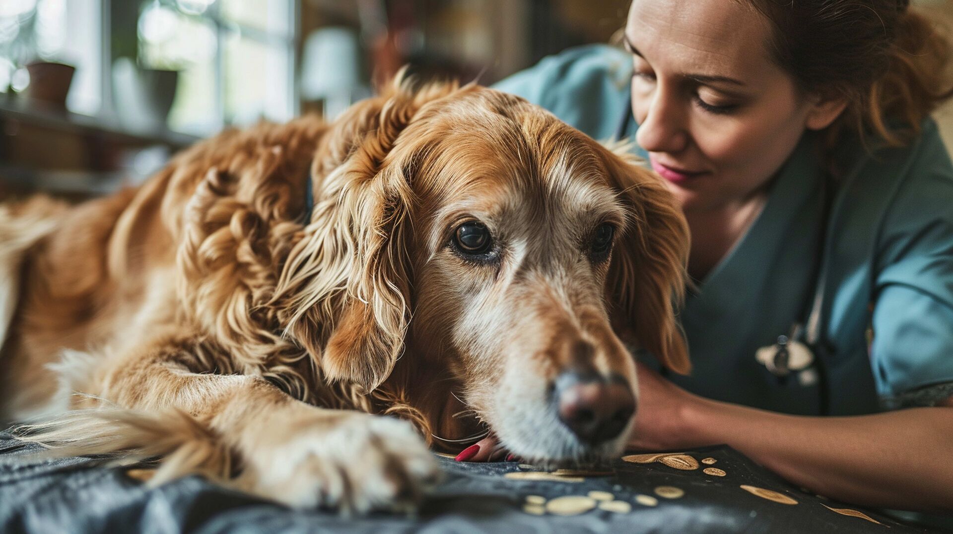 Eine Tierärztin untersucht einen Hund, der traurig schaut.